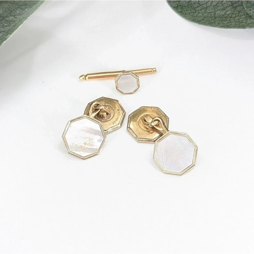 14K Gold Electroplated Mother of Pearl Cufflinks and Tie Tack Set Signed